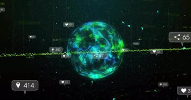 Siber uzayda dönen 3D çokgen dünya parlayan çağrıları ve yüzen verileri gösteriyor. Teknoloji, dijital, geleceksel, ağ, veri, bağlantı, sanal