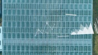 Düz tasarım alanı ve bar çizelgeleri cam cephede canlandırılıyor, sayısal veriler ve dünya haritasını gösteriyor. Soyut, fütüristik, parlak, veri, analitik, teknoloji, kentsel