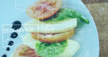 Yığılmış sandviç, 3 boyutlu görüntüleme tabloları ve ızgaraları ile UI panelleri ile kaplanıyor. Gıda, teknoloji, yenilik, dijital, modern, sağlıklı, mutfak