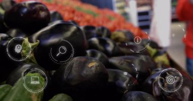 Perakende analiz sahnesinde patlıcan arayan bir kadın veri simgelerini yüzerken gösteriyor. Üretim, market, alışveriş, perakende, taze, sağlıklı, canlı