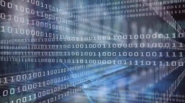 İkili kod akışları parlayan kareler ve ızgara çizgileriyle sanal üç boyutlu uzayda akıyor. Dijital, fütüristik, soyut, teknoloji, yenilik, sanal, neon