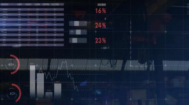 Düz tasarım gösterge paneli test ölçümleri harita grafiklerini port üzerinde sunar. Sanayi, teknoloji, analitik, veri görselleştirme, denizcilik, bağlantı, fütürizm