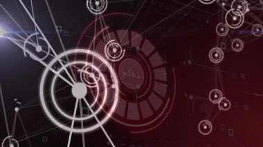 Sayısal ekran ve ağ düğümleriyle kırmızı ve beyaz eşmerkezli halkaları gösteren dijital HUD grafiği. Gelecek, teknoloji, arayüz, şematik, yüksek teknoloji, soyut, dijital