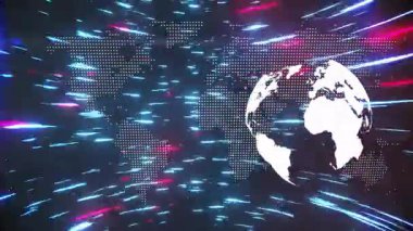 Dijital küre silueti, neon renkli izler boyunca hareket ediyor. Noktalı harita, arka fonun üzerinden akıyor. Fütürist, teknoloji, veri, ağ, canlı, dinamik, siber