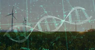 Teal noktalı çift sarmal deseni alacakaranlık alanı boyunca keserek rüzgar türbinlerinin ızgara hatlarını örtüyor. Sürdürülebilirlik, yenilenebilirlik, enerji, teknoloji, yenilik, çevre dostu, modern