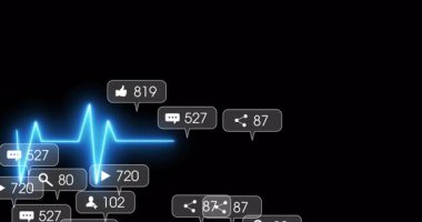 Parlak neon mavisi ECG hattı siyah ekranda titreşiyor, uyarı rozetleriyle kalp oluşturuyor. Fütürist, dijital, teknoloji, sağlık, bağlantı, siber, canlı