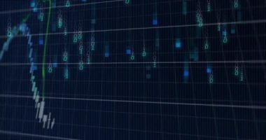 Derin mavi panelde dijital finansal şema canlandırması, şamdan çubukları ve çift haneli rakamları gösteriyor. Teknoloji, analitik, yenilik, siber alan, veri, görselleştirme, finans