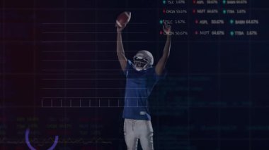 Erkek futbolcu stüdyoda duruyor. Animasyon grafiği ve spor analitiği için kalp atışları gösteriyor. Atletik, teknoloji, modern, yenilik, performans, veri, dijital