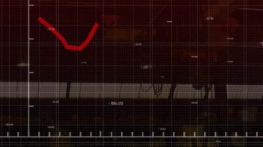 Dijital arayüzde kırmızı dalgalanan çizgi grafiği, şebeke örtüsü ve sayısal etiketlerle birlikte. Teknoloji, analitik, veri, siber güvenlik, finans, fütürist, iş