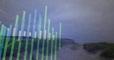 Kum tepelerini kaplayan mali tablolar, renkli bar kolonları, kırmızı yeşil çizgiler tırmanma ızgaraları. Grafik, analitik, veri görselleştirme, doğa, manzara, soyut, içgörü