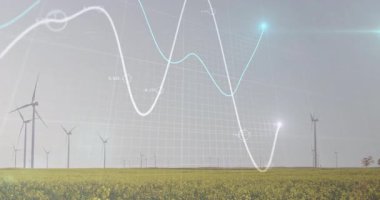Sarı alanlar üzerinde temiz enerjiye güç veren rüzgar türbinleri artan veri eğrileri gösteriyor. Yenilenebilir, sürdürülebilirlik, teknoloji, manzara, yenilik, bilgi, çevre dostu