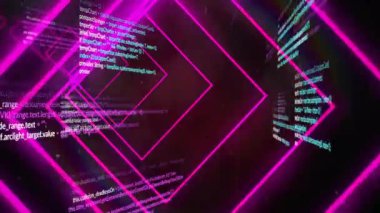 Magenta neon elmas çerçeveler karanlık boşlukta süzülüyor, süzülen kod parçacıkları 3D render. Fütürist, siber, dijital, soyut, teknoloji, neon, 3d