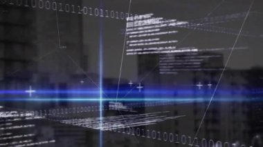 Sanal teknoloji veri ızgarasını araştıran tasarımcılar, neon ışınları, ikili kod, ağ hatları ile. Dijital, geleceksel, teknoloji, yenilik, arayüz, siber, veri