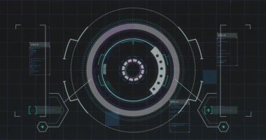 Konsantrik HUD halkaları karanlık ızgarada dönüyor, sayısal göstergeler, kod panelleri, altıgen simgeleri gösteriyor. Gelecek, arayüz, teknoloji, dijital, görüntü, kontrol, analiz
