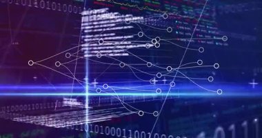 Animasyon 3D ızgara beyaz düğümleri, eğri çizgileri, akışkan borsa saatlerini ve ikili kodları görselleştiriyor. Dijital, teknoloji, yenilik, veri, analitik, fütüristik, ağ