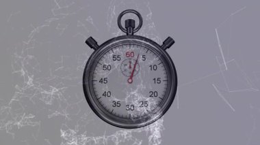 Analog kronometre, yüzen kablo bulutları ve ağ düğümleriyle dijital ortamda dönüyor. Doğruluk, teknoloji, fütürizm, mühendislik, veri, yenilik, minimalizm