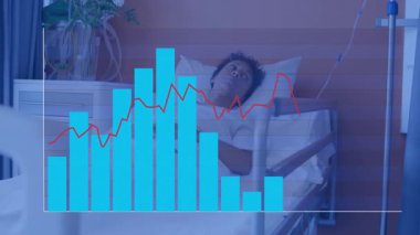 Kadın hasta hastane odasında dinleniyor, sağlık tablosu kırmızı çizgi grafiğiyle örtüşüyor. Tıbbi, sağlık, klinik, sağlık, izleme, sigorta, rehabilitasyon