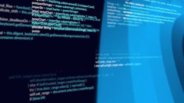 JavaScript tarzı kod bloğu, eğri mavi gradyan üzerinde yeşil parçalar halinde canlandırılıyor. Teknoloji, dijital, yenilik, programlama, siber güvenlik, soyut, gelecek