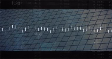 Düz tasarım veri görselleştirmesi, beyaz dikey kenelerin mavi ızgara üzerinde rakamsal metinle hareket ettiğini gösteriyor. Teknoloji, analitik, dijital, fütüristik, soyut, arayüz, yenilik