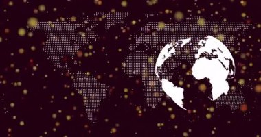 Noktalı dünya haritası, üzerinde yüzen bokeh noktaları olan kıtaları gösteren stilize edilmiş küreyle tuval oluşturuyor. Coğrafya, dijital sanat, soyut, multimedya, yenilik, bağlantı, görselleştirme