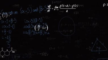 Beyaz-mavi formüller sunan dijital tuval dairesel grafik ve denklemi düz dizaynla vurguluyor. Matematik, bilim, veri, diyagram, analitik, eğitim, görselleştirme