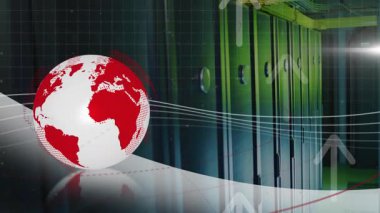 Yeşil sunucu rafları yüzen veri satırları altında çekilirken beyaz küre parlak yüzeyde dönüyor. Teknoloji, veri, yenilik, dijital, ağ, fütüristik, iş