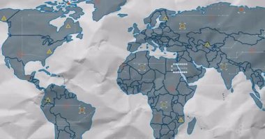 Sahne boyunca yüzen stilize dünya haritası, geometrik işaretleyicileri ve ızgara örtülerini vurguluyor. Haritalama, veri görselleştirme, bilgi, dijital grafik, coğrafi, soyut, teknoloji