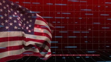 3 boyutlu mali konsolun üzerinde kırmızı noktalı çizelgeler ve yeşil çizgiler gösteren Amerikan bayrağı sallanıyor. Vatanseverlik, finans, teknoloji, dijital, analiz, yatırım, ekonomi