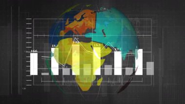 Düz tasarım dönen veri görselleştirme küresi çubuk grafikleri ve çizgi grafikleri gösteriliyor. Analiz, teknoloji, yenilik, gösterge paneli, dijital, gelecekçi, istatistik