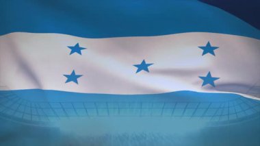 Honduras bayrağı ön planda dalgalanan düz dizayn, stadyum ızgarası çatısı ve arkada oturma animasyonu. Vatanseverlik, spor, mimarlık, modern, kutlama, açık hava, canlı