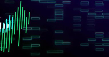 Dijital grafik neon çubukların yükseldiğini gösteriyor, yüzen dikdörtgen çizgiler donanma arka planında kayıyor. Teknoloji, veri görselleştirme, fütüristik, siber, analitik, dijital, soyut