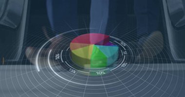 Çeşitli iş adamları üzerinde veri işleme ile istatistiklerin görüntüsü. Küresel iş, bilgisayar ve dijital arayüz kavramı dijital olarak oluşturulmuş görüntü.