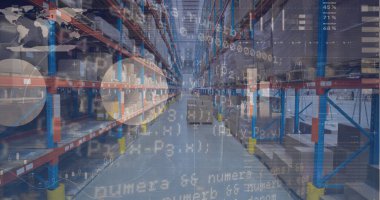 Boş deponun üzerinde veri işleme resmi. Dijital olarak oluşturulan küresel gönderim ve dağıtım konsepti.