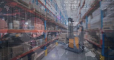 Depodaki finansal veri işleme görüntüsü. Küresel gönderim ve bağlantılar konsepti dijital olarak oluşturuldu.