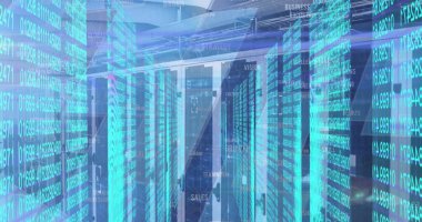 Sunucu odasında veri işleme resmi. Dijital arayüz ve teknoloji konseptini dijital olarak oluşturan küresel iş veri işleme.