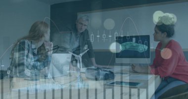 Çeşitli iş adamları üzerinde finansal veri işleme görüntüsü. küresel iş, finans, dijital arayüz ve bağlantılar konsepti dijital olarak oluşturulmuş görüntü.