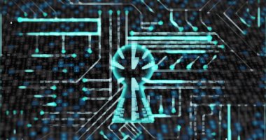 Karanlık arkaplan üzerindeki simgelerle bağlantı ağının resmi. Bulut hesaplama, dijital arayüz ve dijital olarak oluşturulmuş güvenlik konsepti.