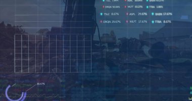 Arazi doldurma alanı üzerinden finansal veri işleme ve istatistiklerin resmi. Küresel teknoloji, finans ve dijital arayüz kavramı dijital olarak oluşturulmuş görüntü.