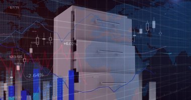 Mavi arkaplandaki dünya haritasıyla çekmece üzerinde istatistiksel veri işleme resmi. Küresel iş ve veri teknolojisi kavramı