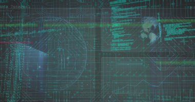 Karanlık arkaplandaki bağlantı ağı üzerinden veri işleme resmi. Küresel hesaplama teknolojisi ve veri işleme kavramı dijital olarak oluşturuldu.