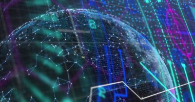 Hareket eden bağlantı ağı üzerinden bağlantı ağına sahip dünya görüntüsü. Küresel ağ ve teknoloji kavramı.