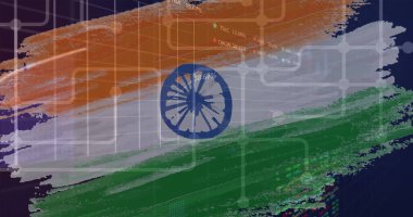 Hareket eden bayrak işleme ve hareket eden radyal dekorasyon ile finansal veri işleme görüntüsü. Küresel işletme finansmanı ve kripto para birimi piyasa konsepti dijital olarak oluşturulmuş görüntü.