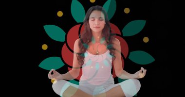 Beyaz bir kadının çiçeğin üzerinde meditasyon yapması. Dijital olarak oluşturulmuş meditasyon ve dijital arayüz kavramı.