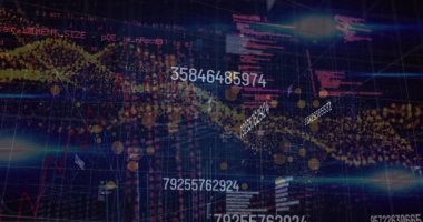 Mavi zemin üzerinde veri işleme üzerinden rakamları ve dijital dalgayı değiştirme görüntüsü. Bilgisayar arayüzü ve iş teknolojisi kavramı