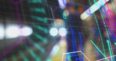 3 boyutlu ızgara ağ ağ ağ veri arayüzü gösterilirken, neon çizgileri sayısal glifler ışık çubuklarını aydınlatır. Fütürist, teknoloji, dijital, soyut, ağ, görselleştirme, arayüz