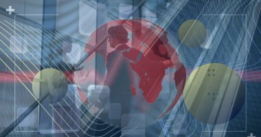 İki farklı iş adamının finansal veri işleme görüntüsü. Küresel iş, finans, veri işleme ve dijital arayüz kavramı dijital olarak oluşturuldu.