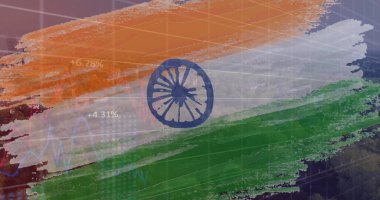 Hindistan bayrağı üzerinde finansal veri işleme sistemi olan bir grafik. Küresel teknoloji, finans ve dijital arayüz kavramı dijital olarak oluşturulmuş görüntü.