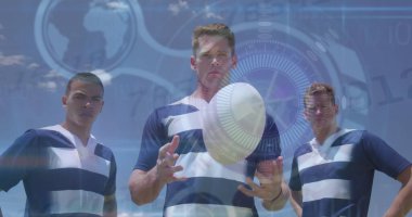 Rugby oyuncuları üzerinde istatistik ve simge görüntüsü. Küresel covid salgını ve sağlık hizmetleri konsepti dijital olarak oluşturulmuş görüntü.