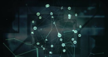 Siyah arkaplan üzerindeki simgeler ve dünya ile bağlantı ağının resmi. Küresel işletme dijital arayüzü ve bağlantıları dijital olarak oluşturulmuş görüntü konseptini finanse eder.