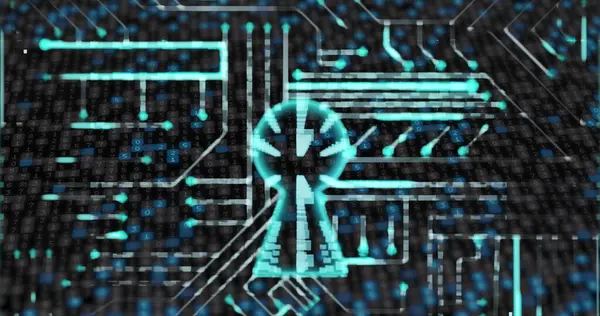 Karanlık arkaplan üzerindeki simgelerle bağlantı ağının resmi. Bulut hesaplama, dijital arayüz ve dijital olarak oluşturulmuş güvenlik konsepti.